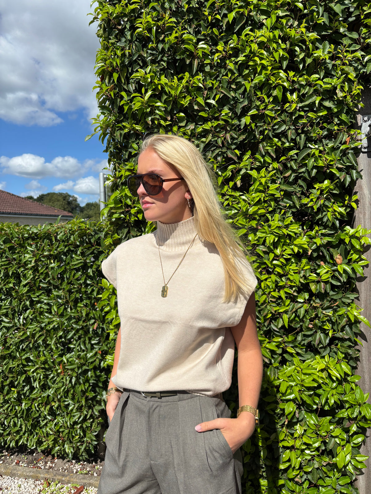 Amy Sleeveless Turtleneck Sweater - Beige